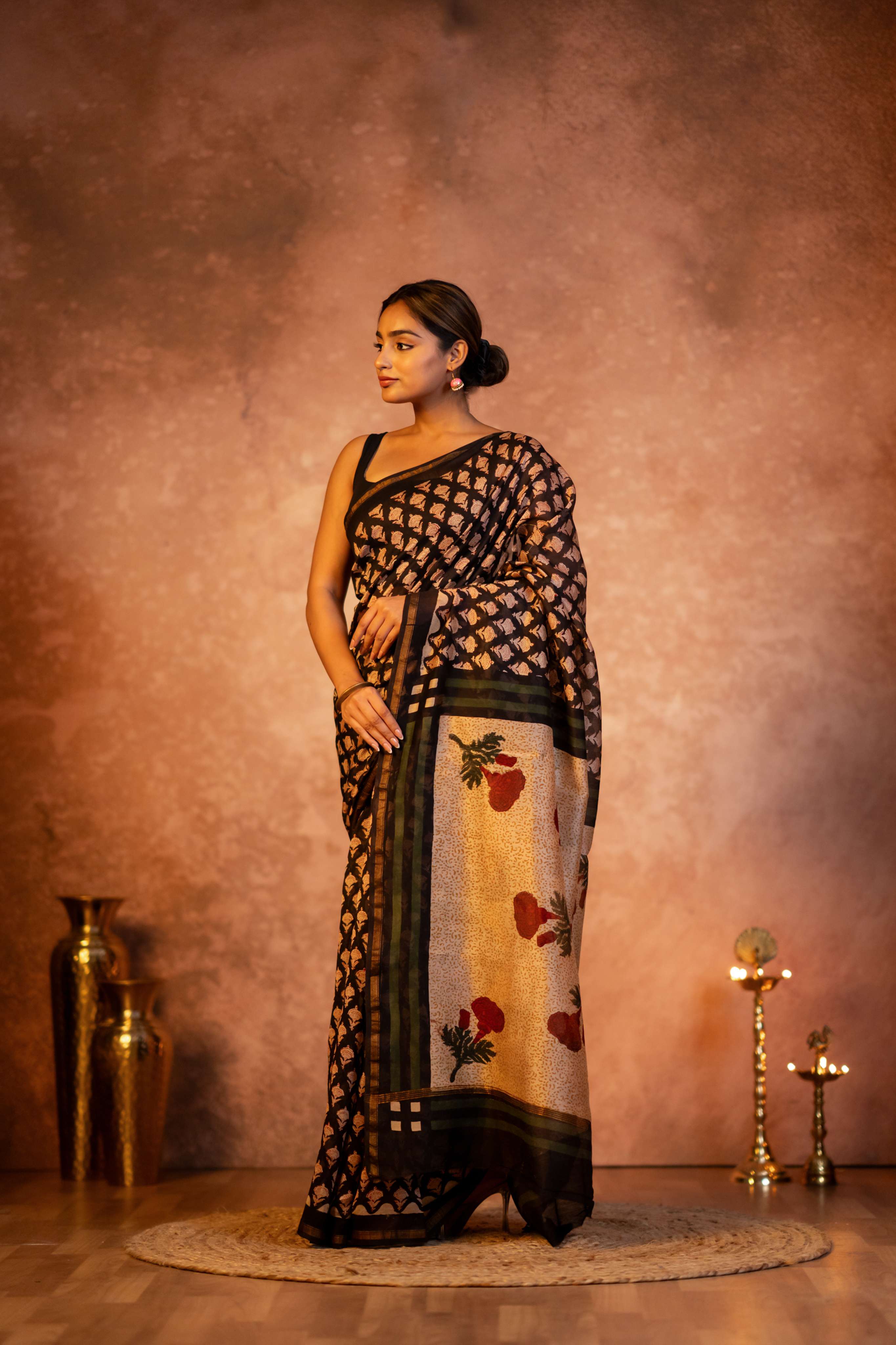 Black Hand Block Print Chanderi Saree