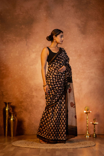 Black Hand Block Print Chanderi Saree