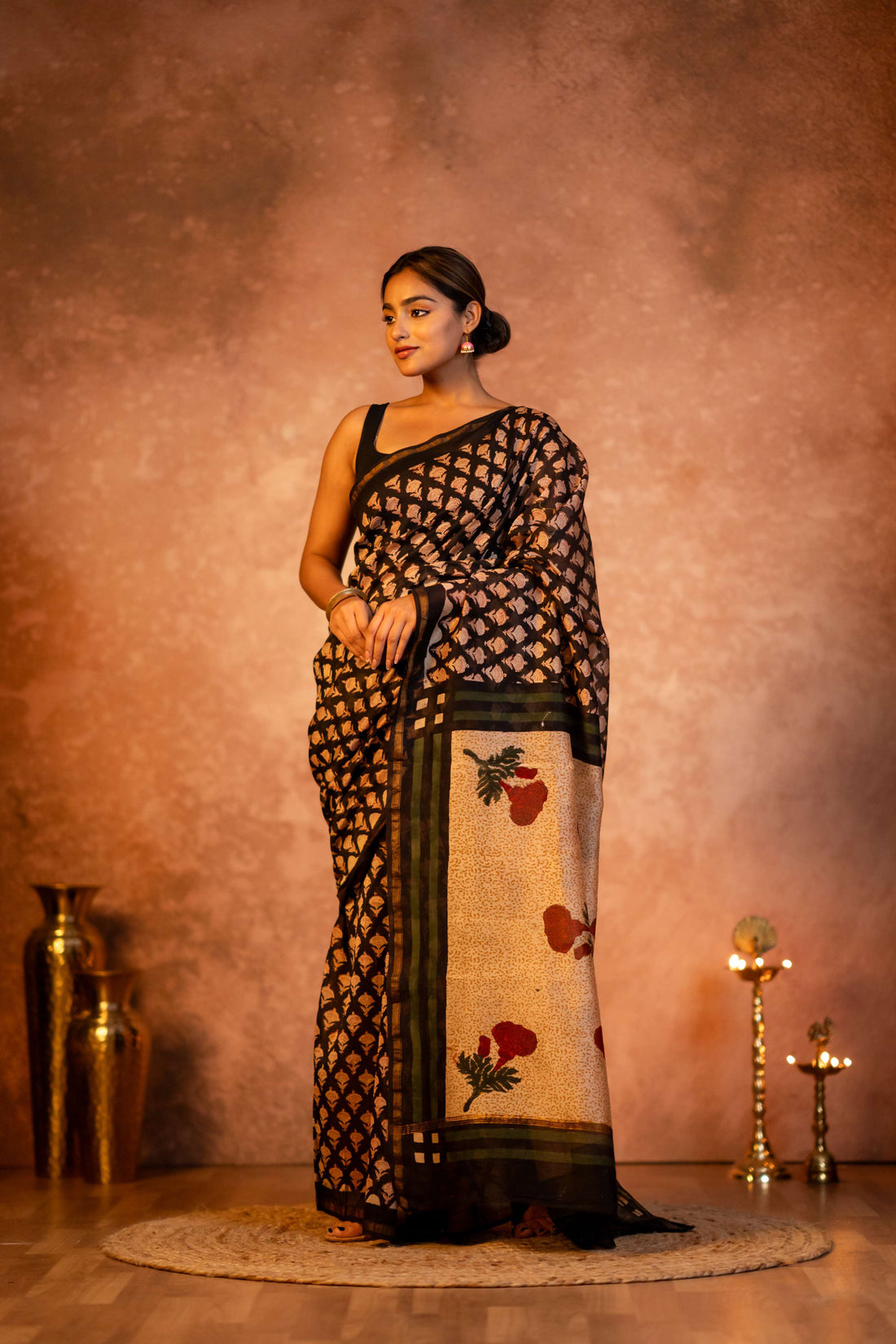 Black Hand Block Print Chanderi Saree