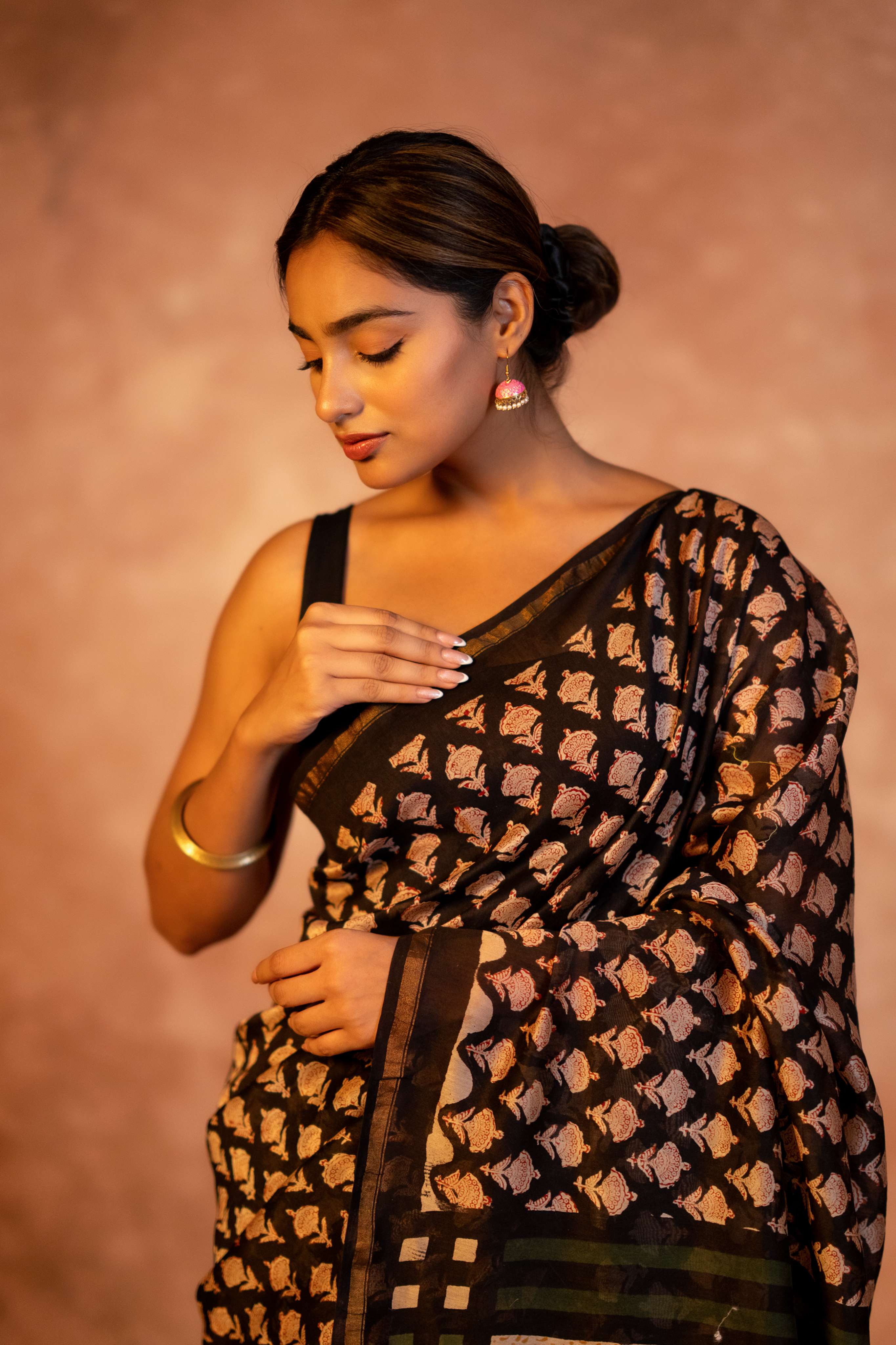 Black Hand Block Print Chanderi Saree