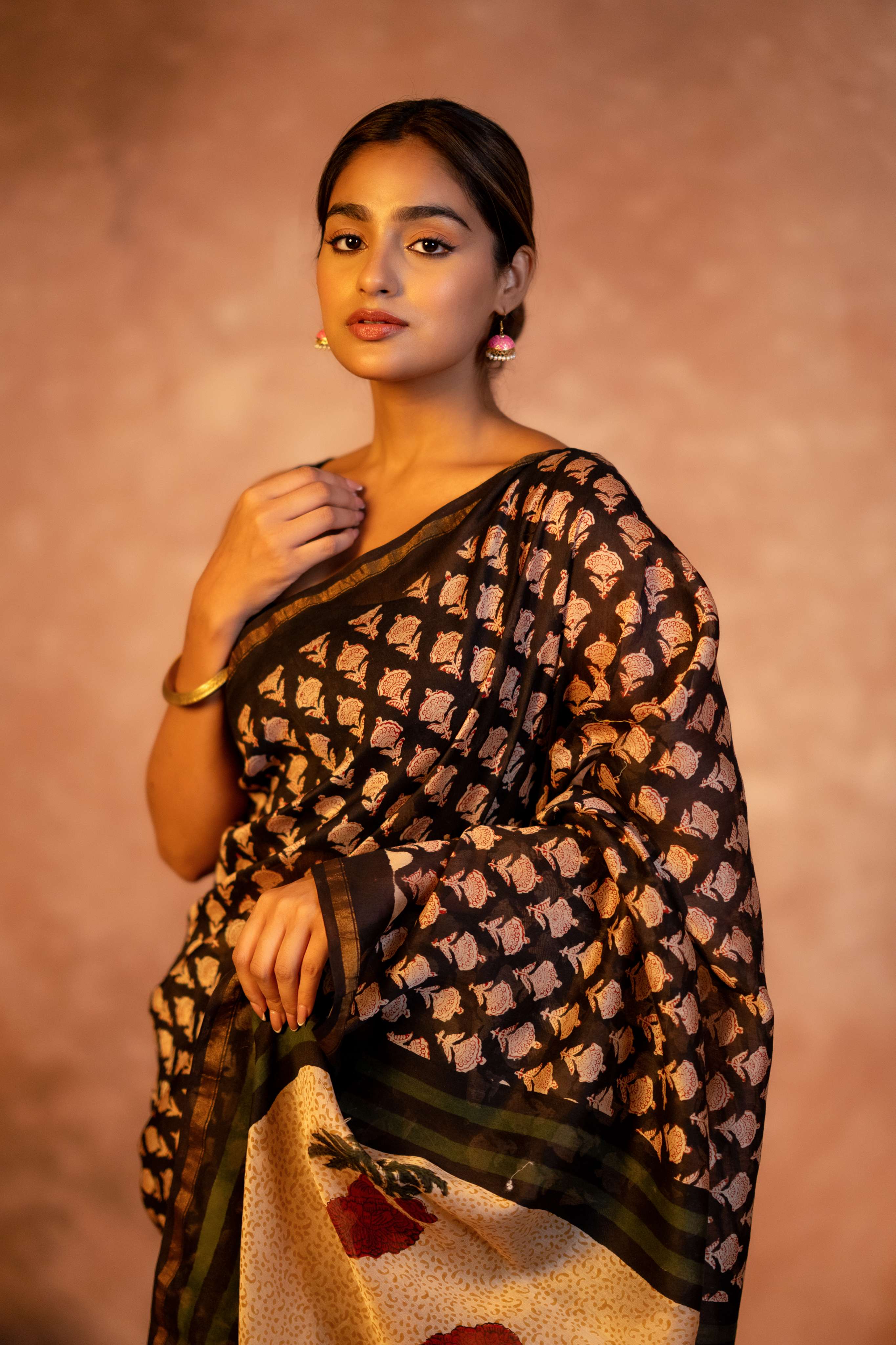 Black Hand Block Print Chanderi Saree