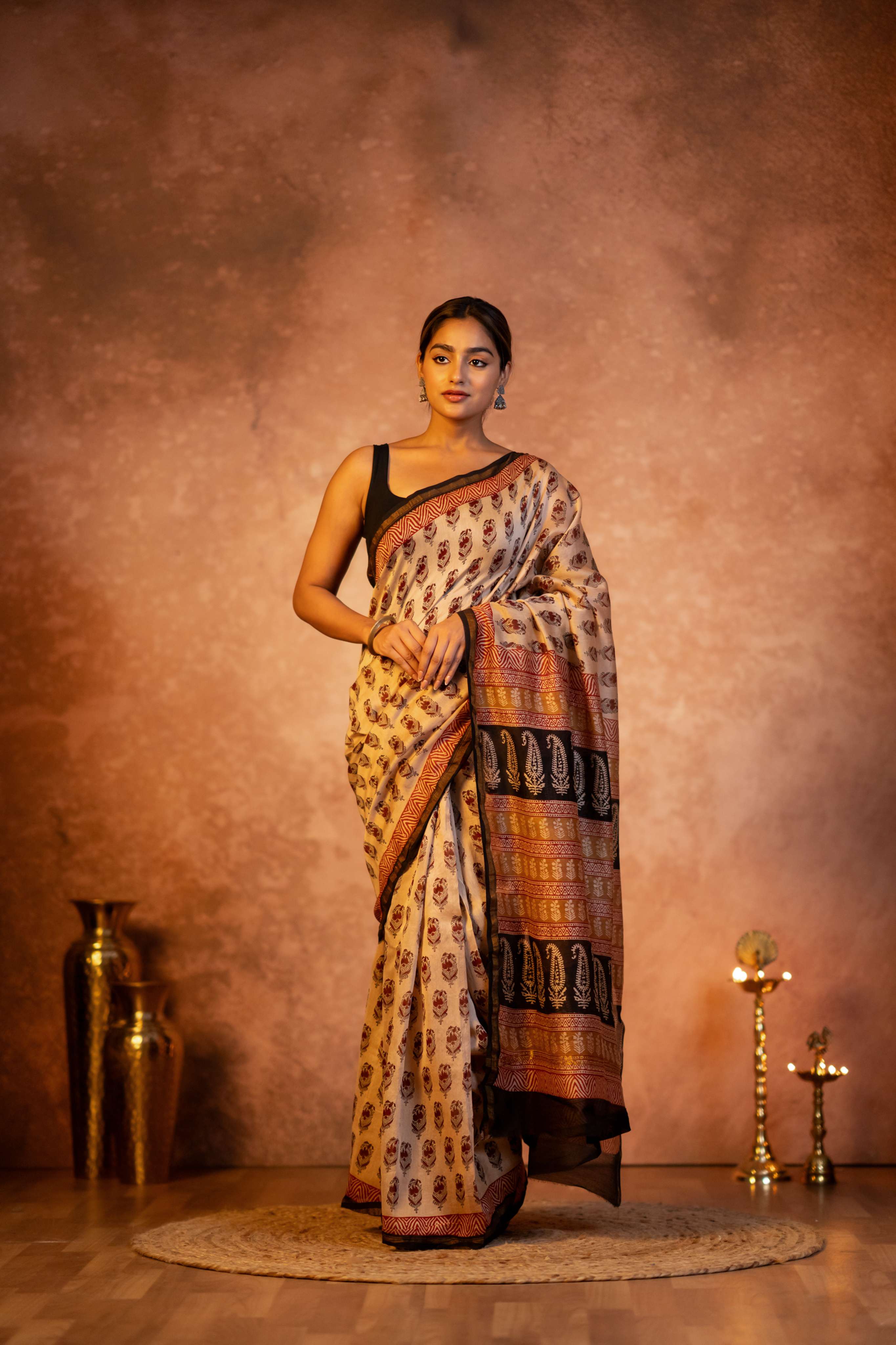 Fawn Hand Block Print Chanderi Saree