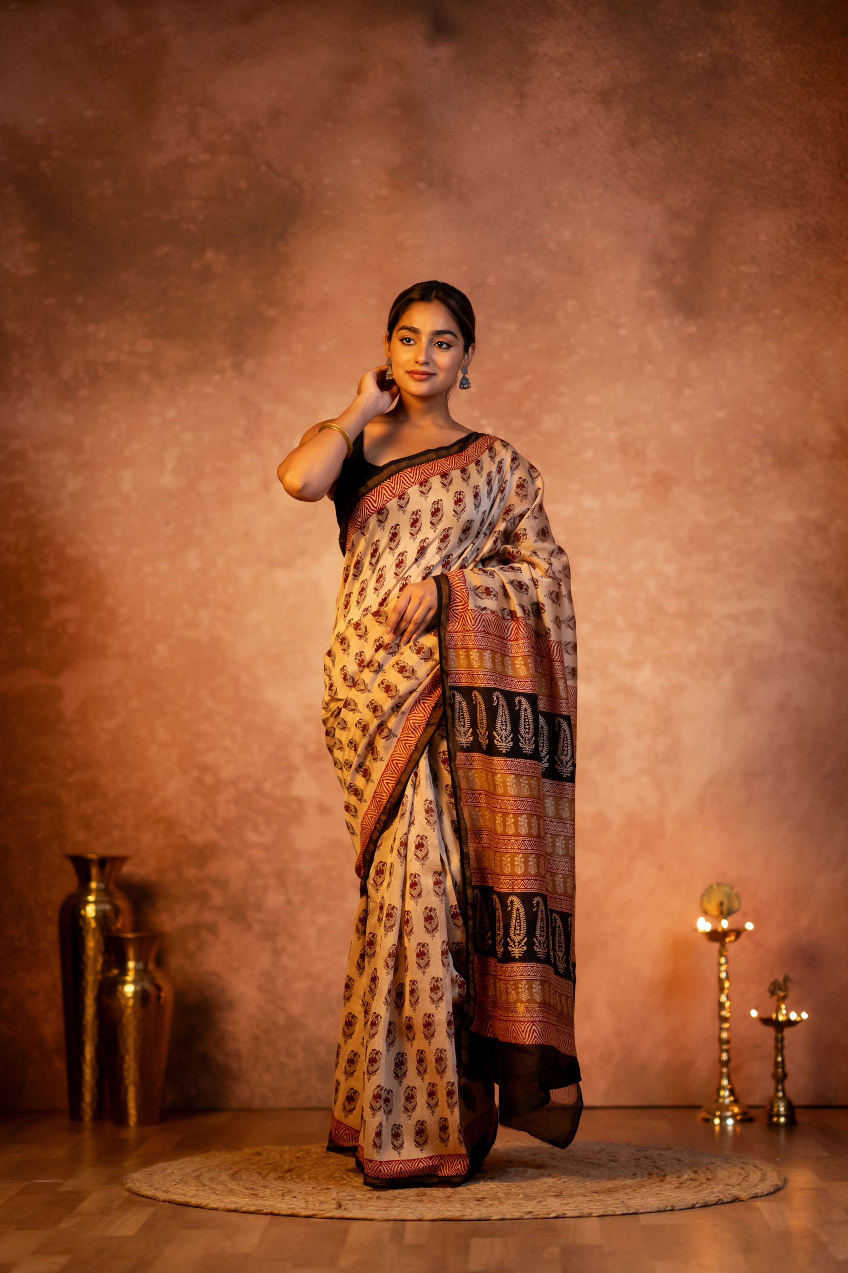 Fawn Hand Block Print Chanderi Saree