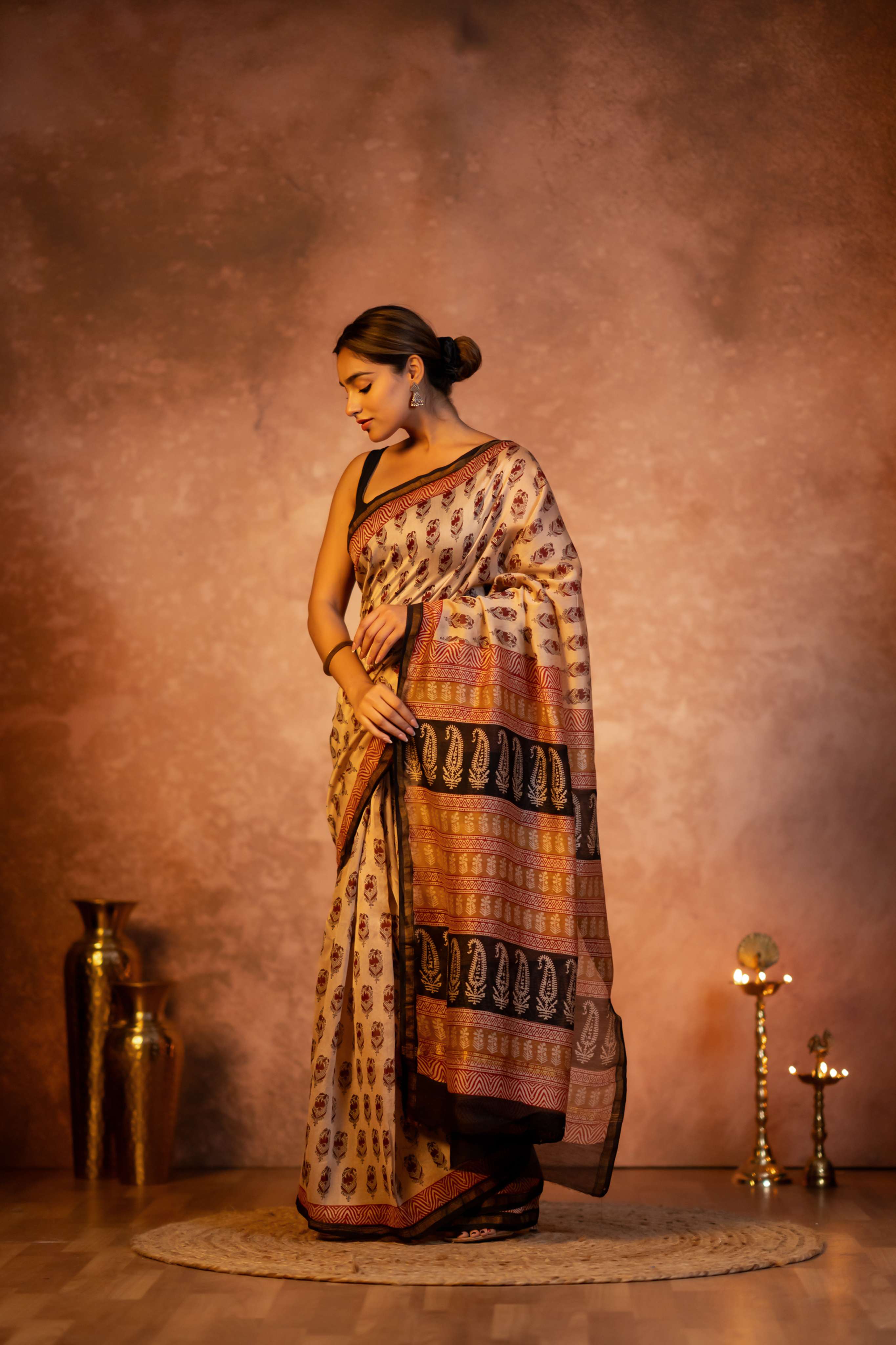 Fawn Hand Block Print Chanderi Saree