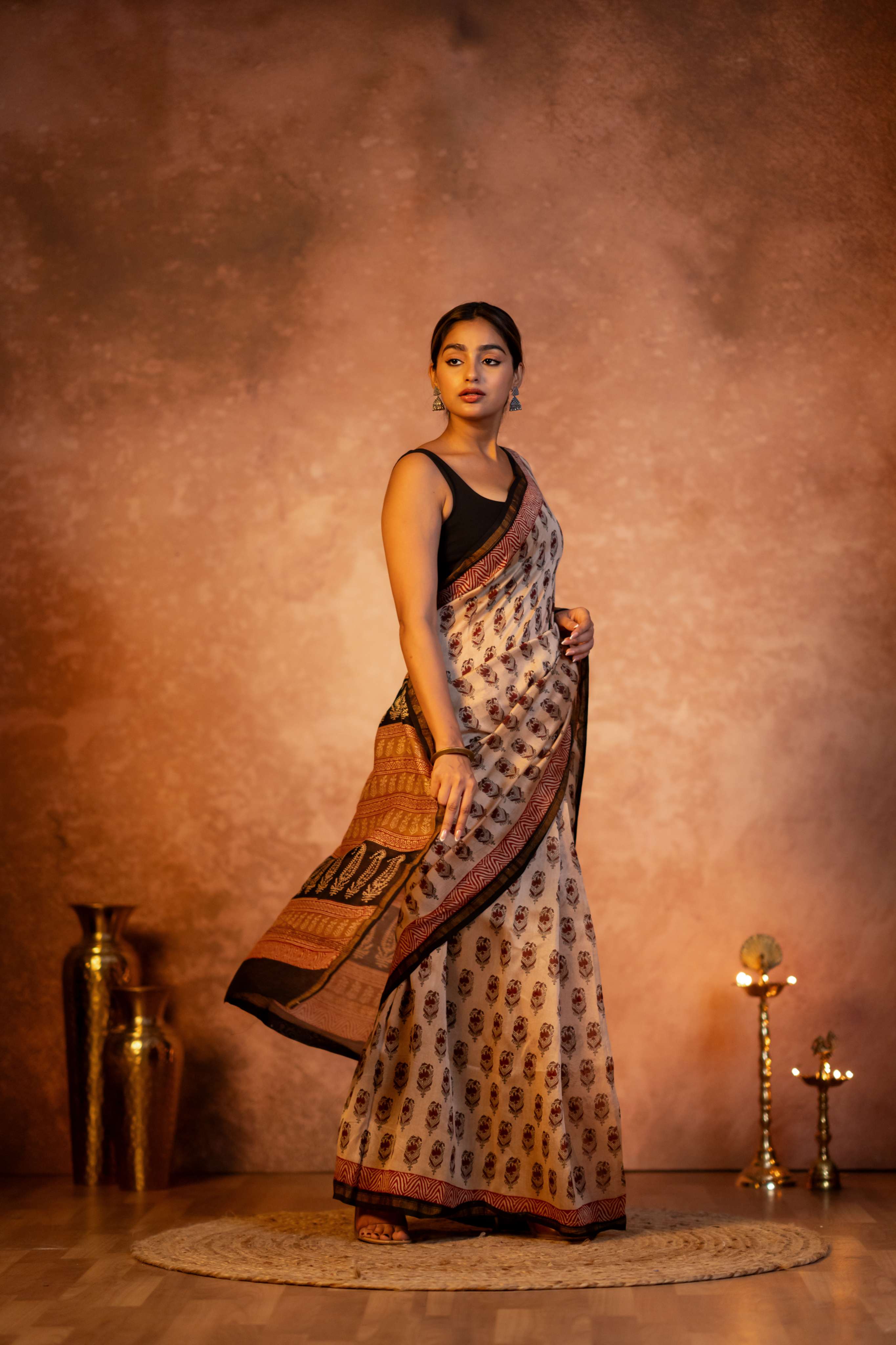 Fawn Hand Block Print Chanderi Saree