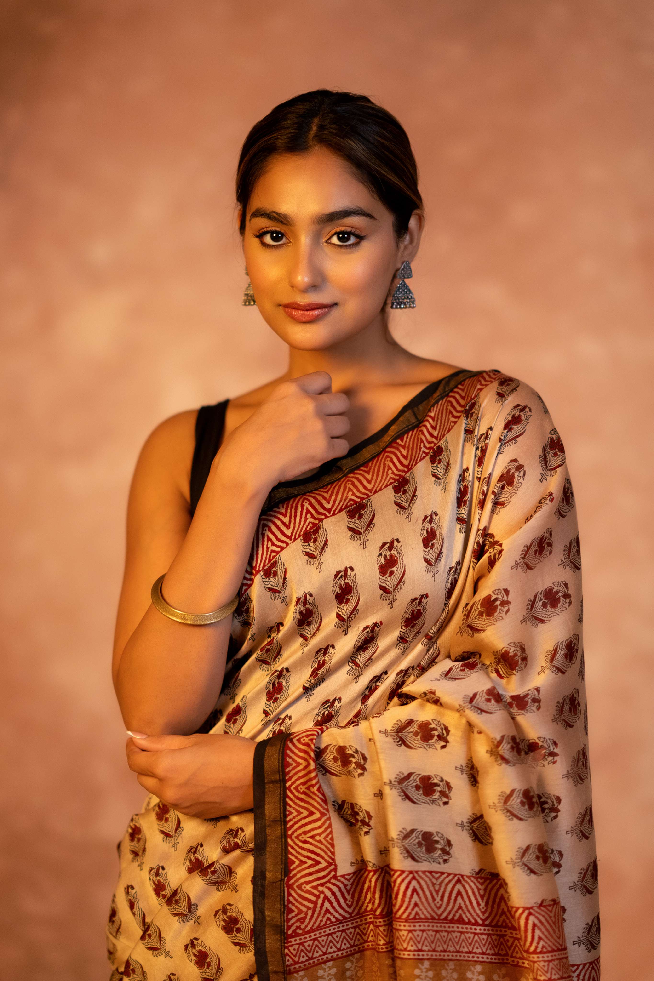 Fawn Hand Block Print Chanderi Saree