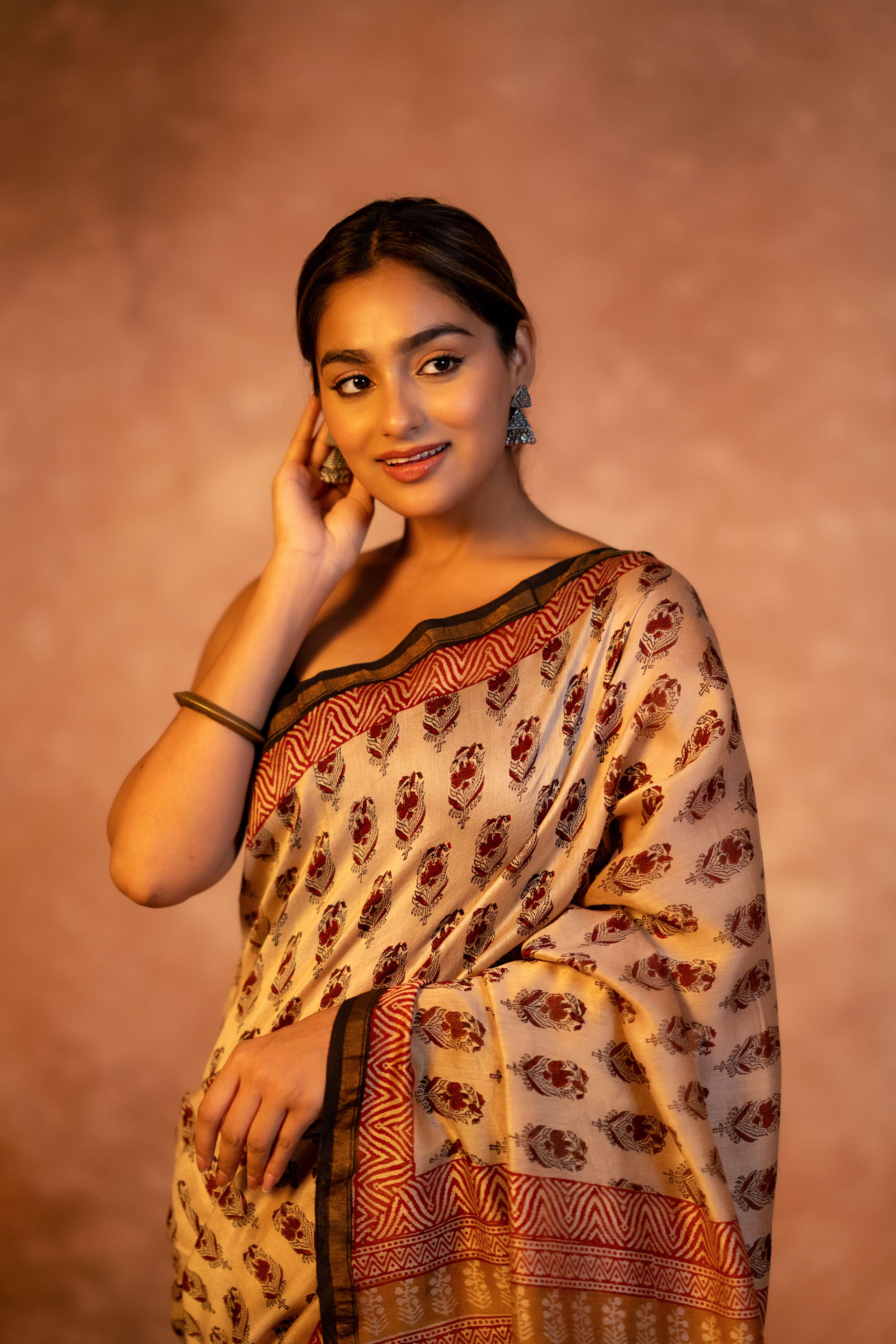 Fawn Hand Block Print Chanderi Saree