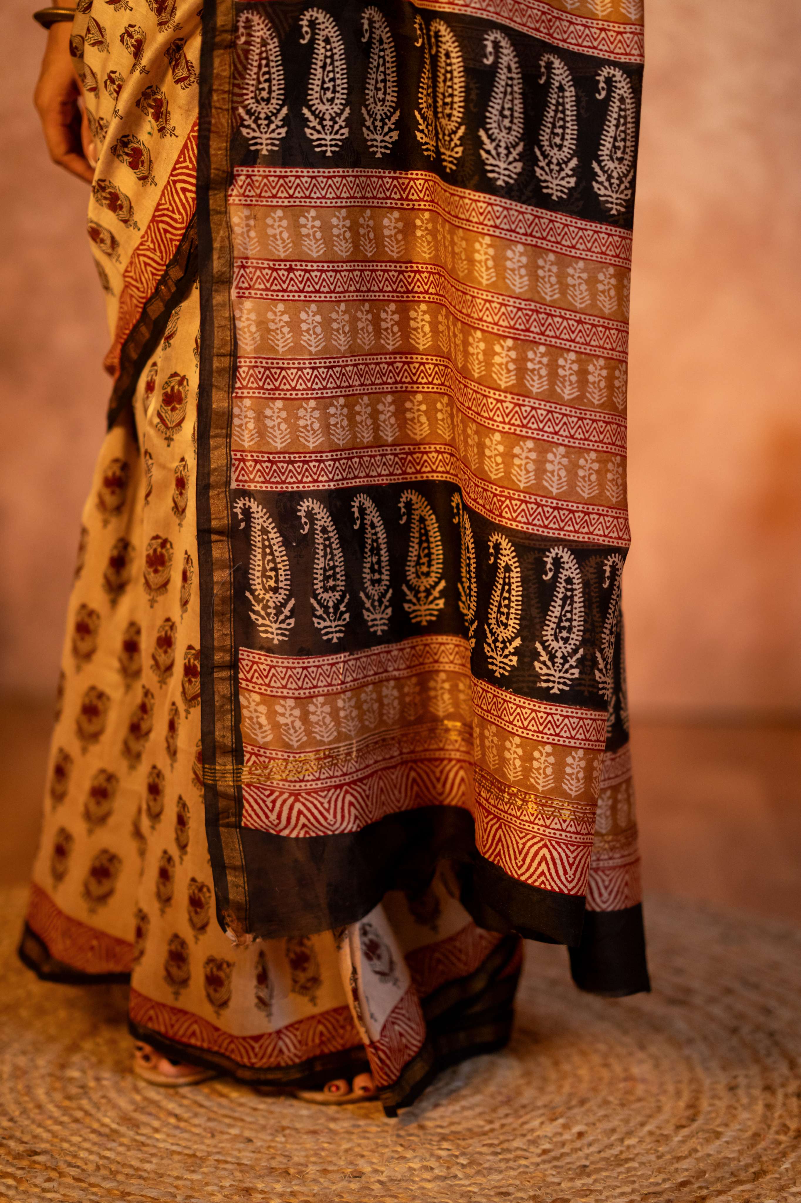 Fawn Hand Block Print Chanderi Saree