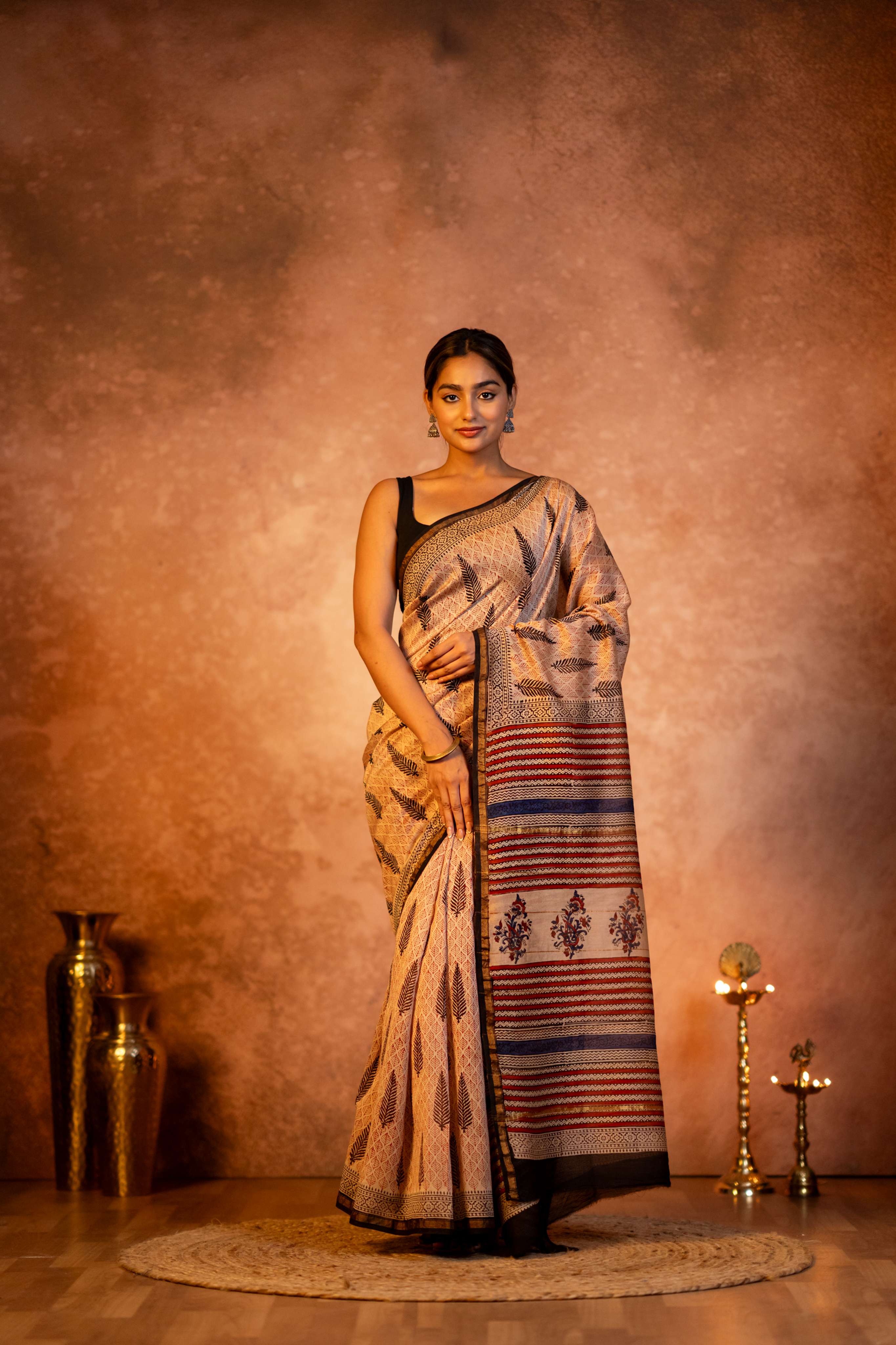 Fawn Long Booti  Hand Block Print Chanderi Saree