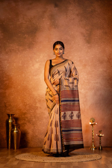 Fawn Long Booti  Hand Block Print Chanderi Saree