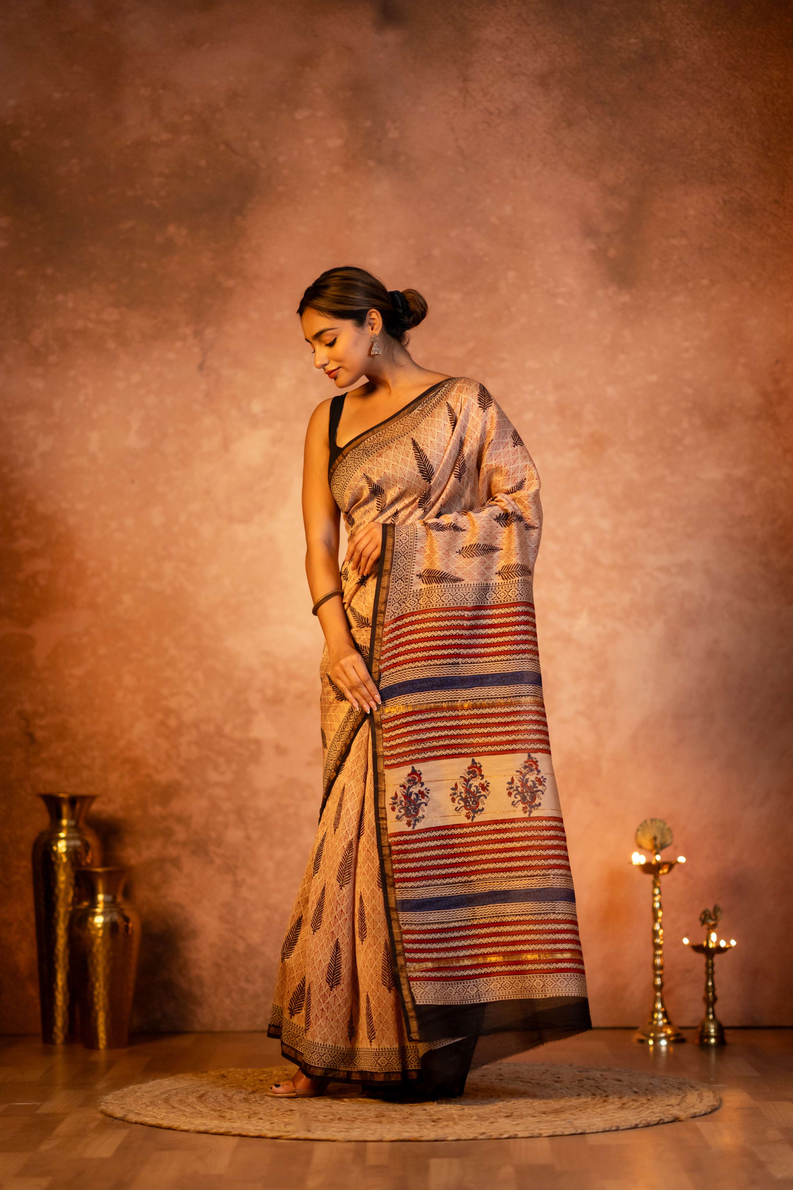 Fawn Long Booti  Hand Block Print Chanderi Saree