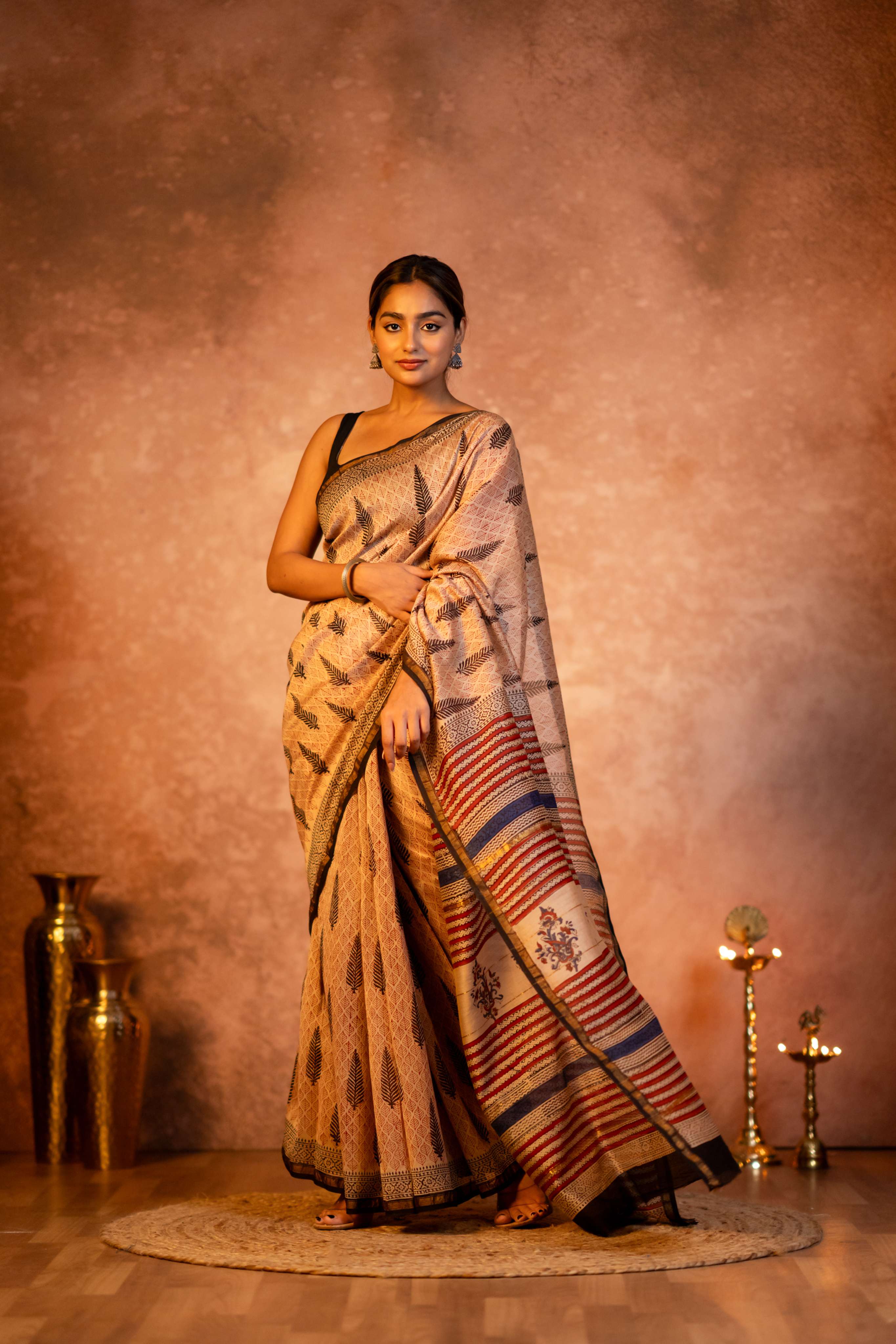 Fawn Long Booti  Hand Block Print Chanderi Saree
