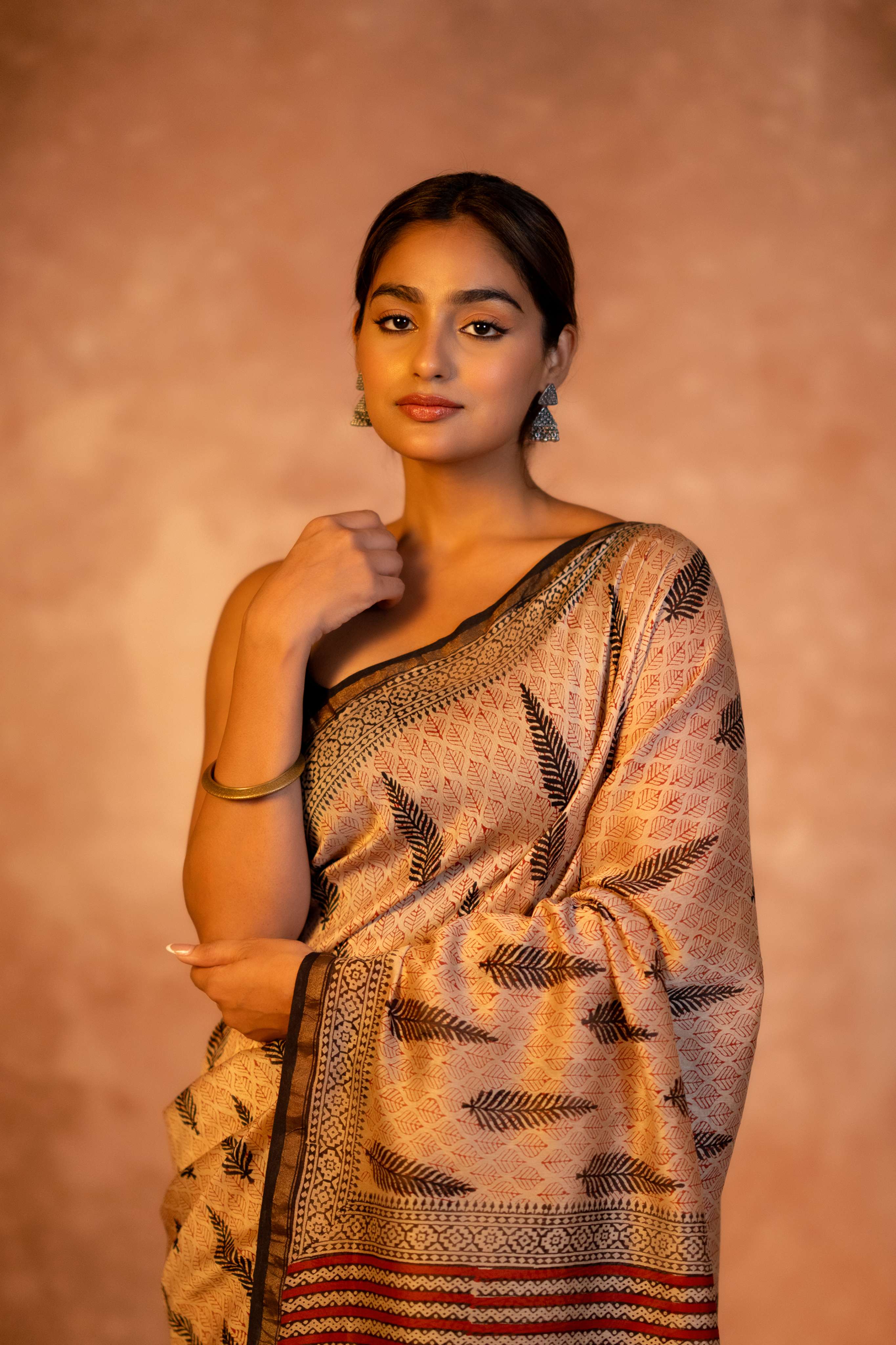 Fawn Long Booti  Hand Block Print Chanderi Saree