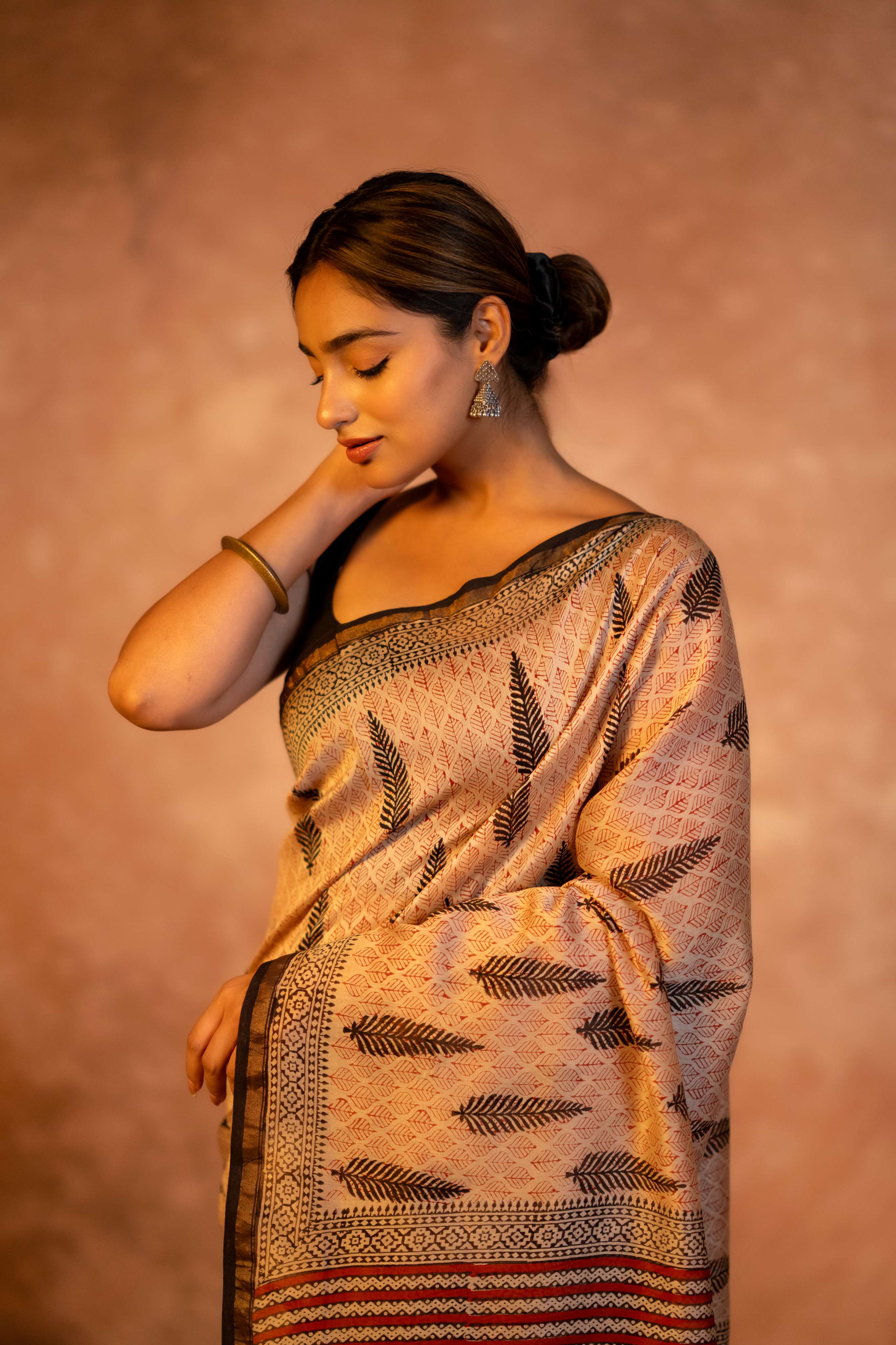 Fawn Long Booti  Hand Block Print Chanderi Saree