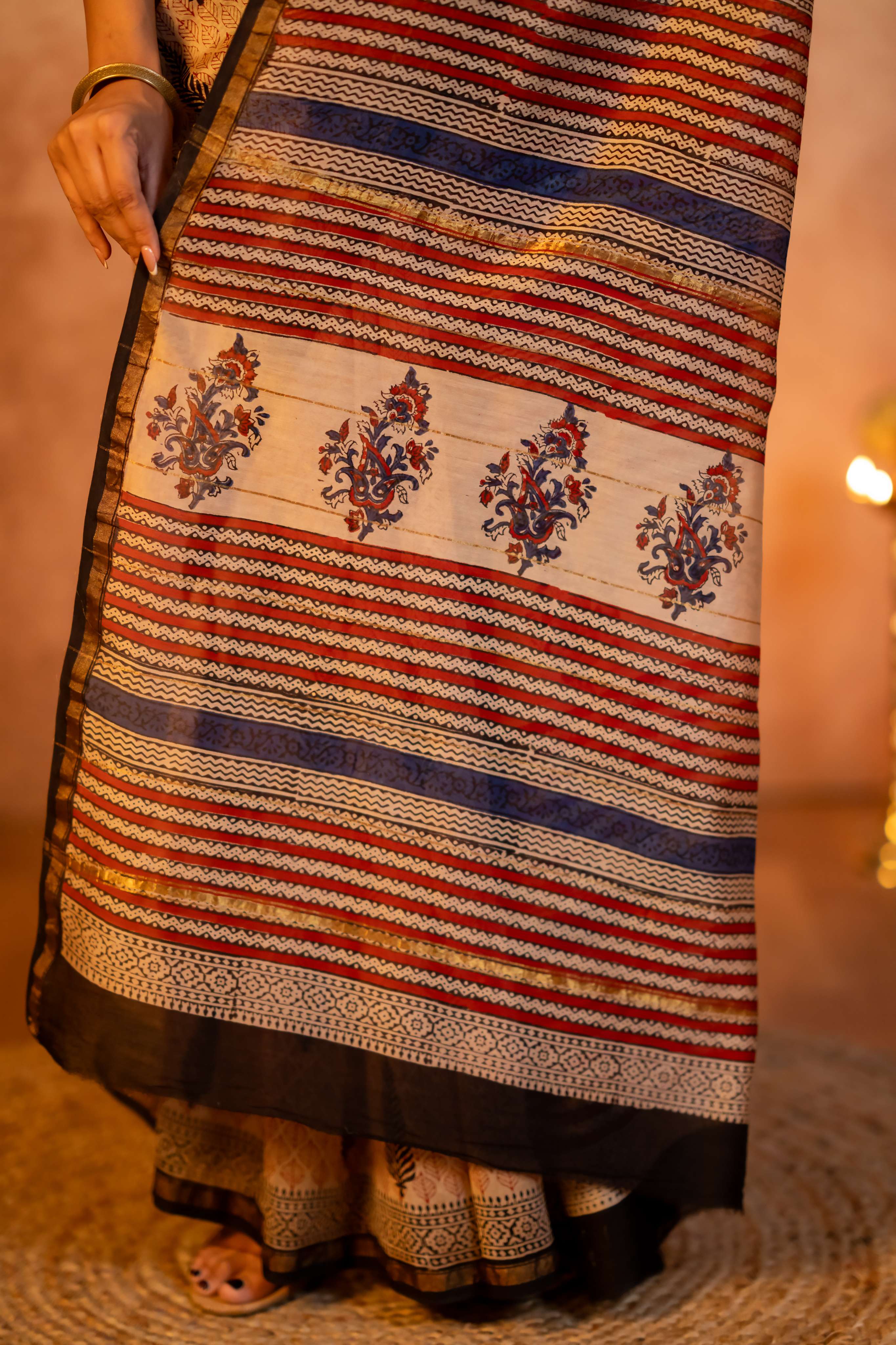 Fawn Long Booti  Hand Block Print Chanderi Saree