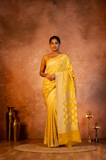 Yellow Neemzari Maheen Jaal Pure Georgette Banarasi Saree