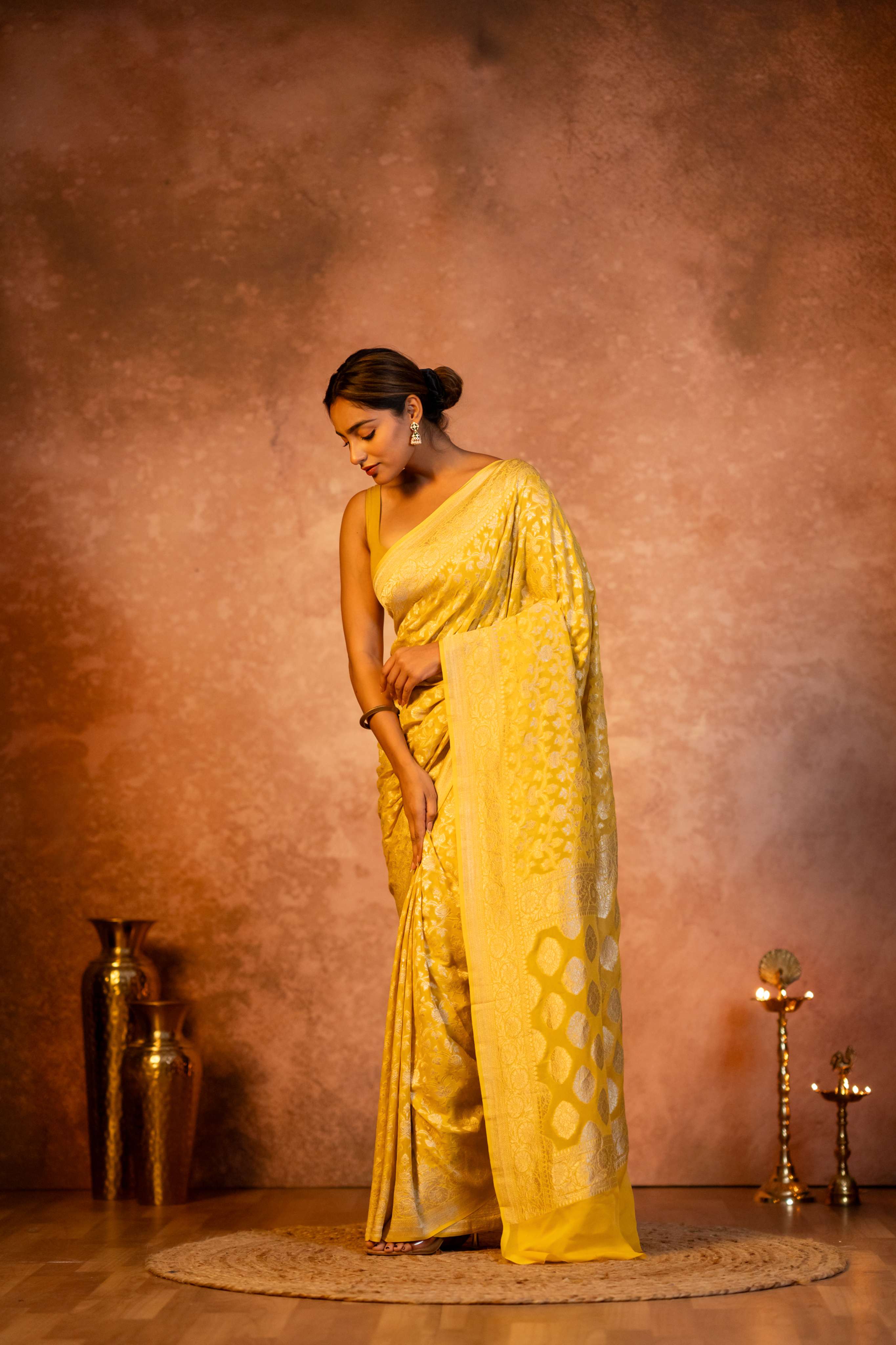 Yellow Neemzari Maheen Jaal Pure Georgette Banarasi Saree