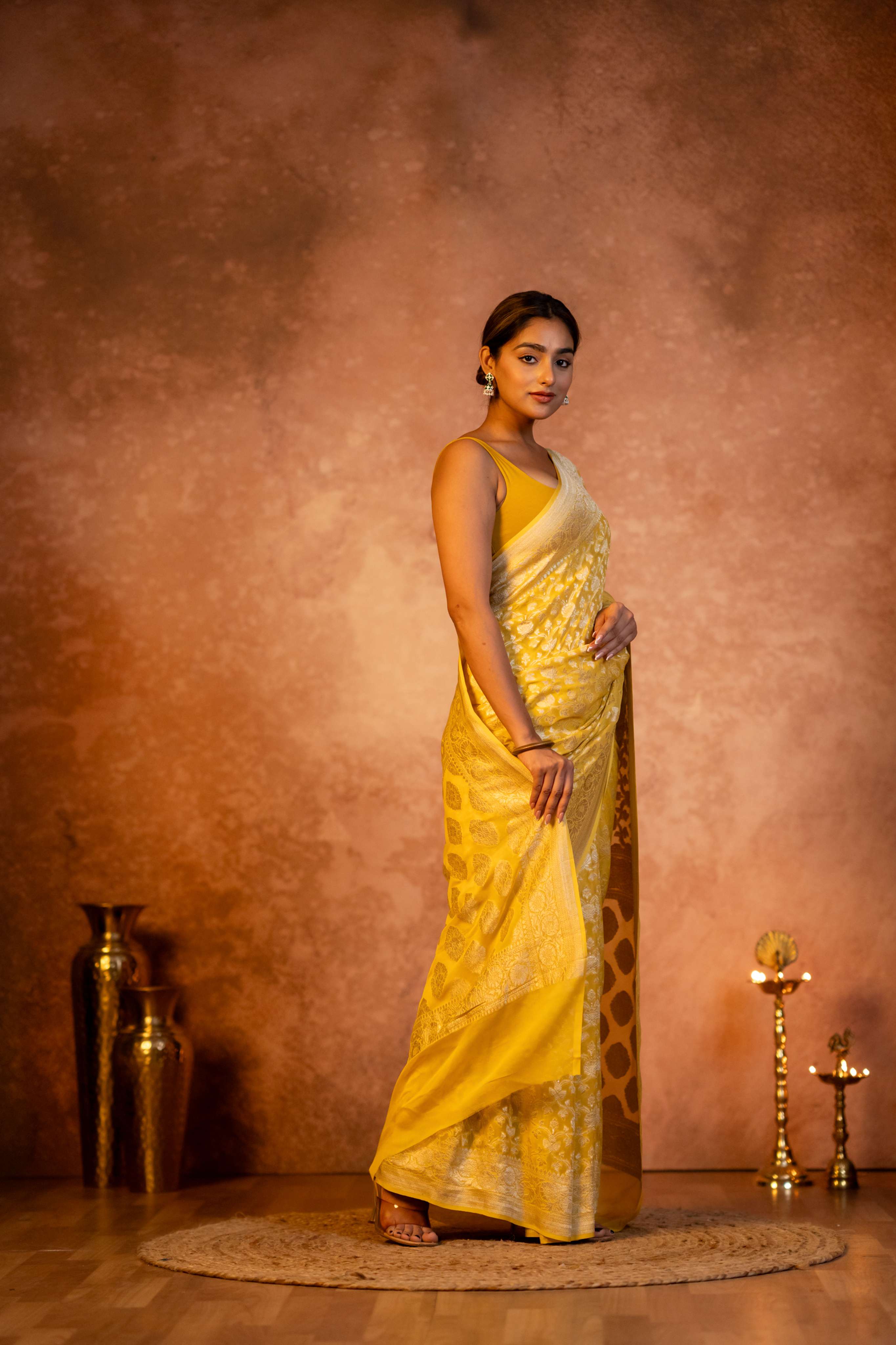 Yellow Neemzari Maheen Jaal Pure Georgette Banarasi Saree