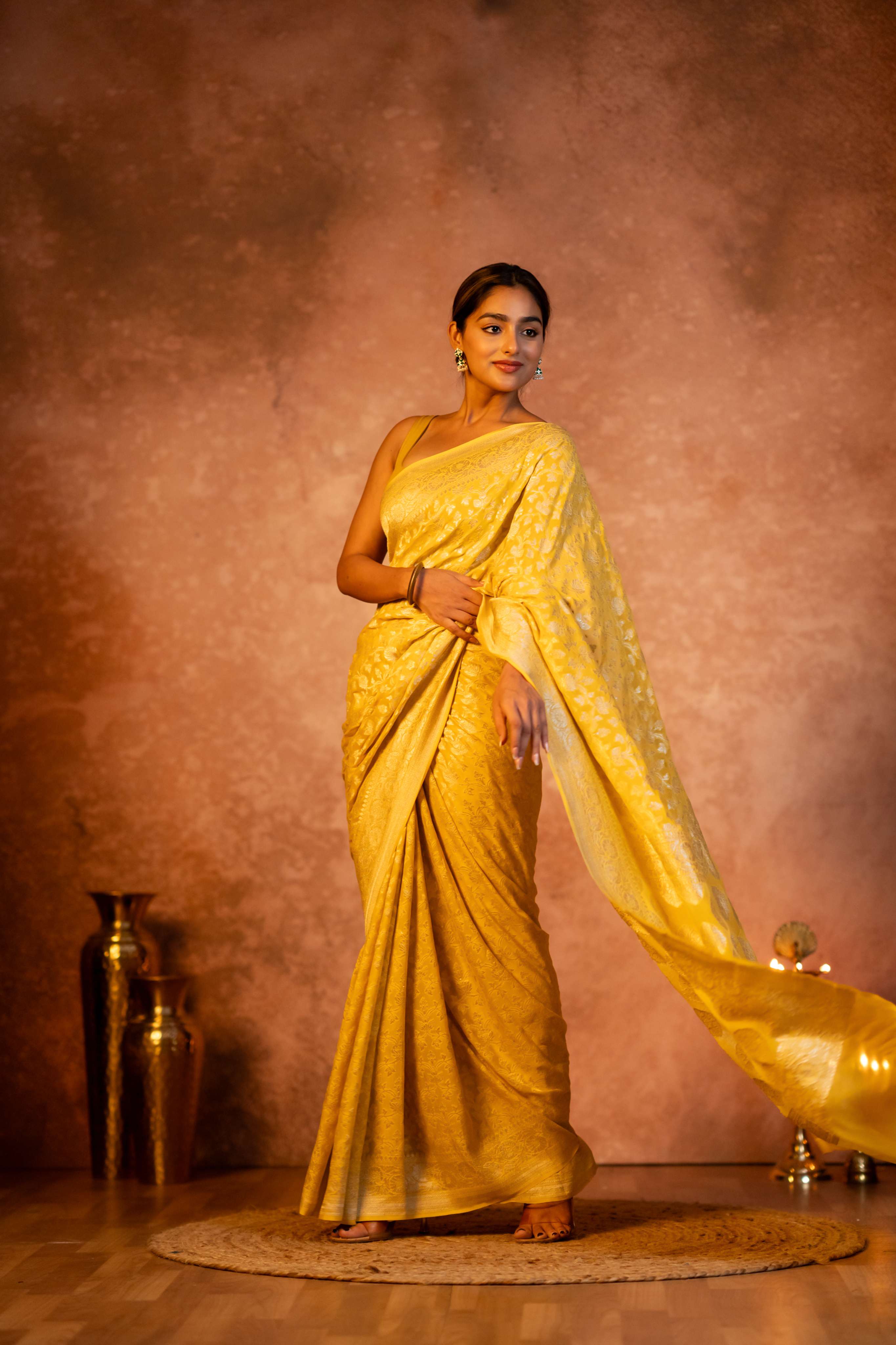 Yellow Neemzari Maheen Jaal Pure Georgette Banarasi Saree