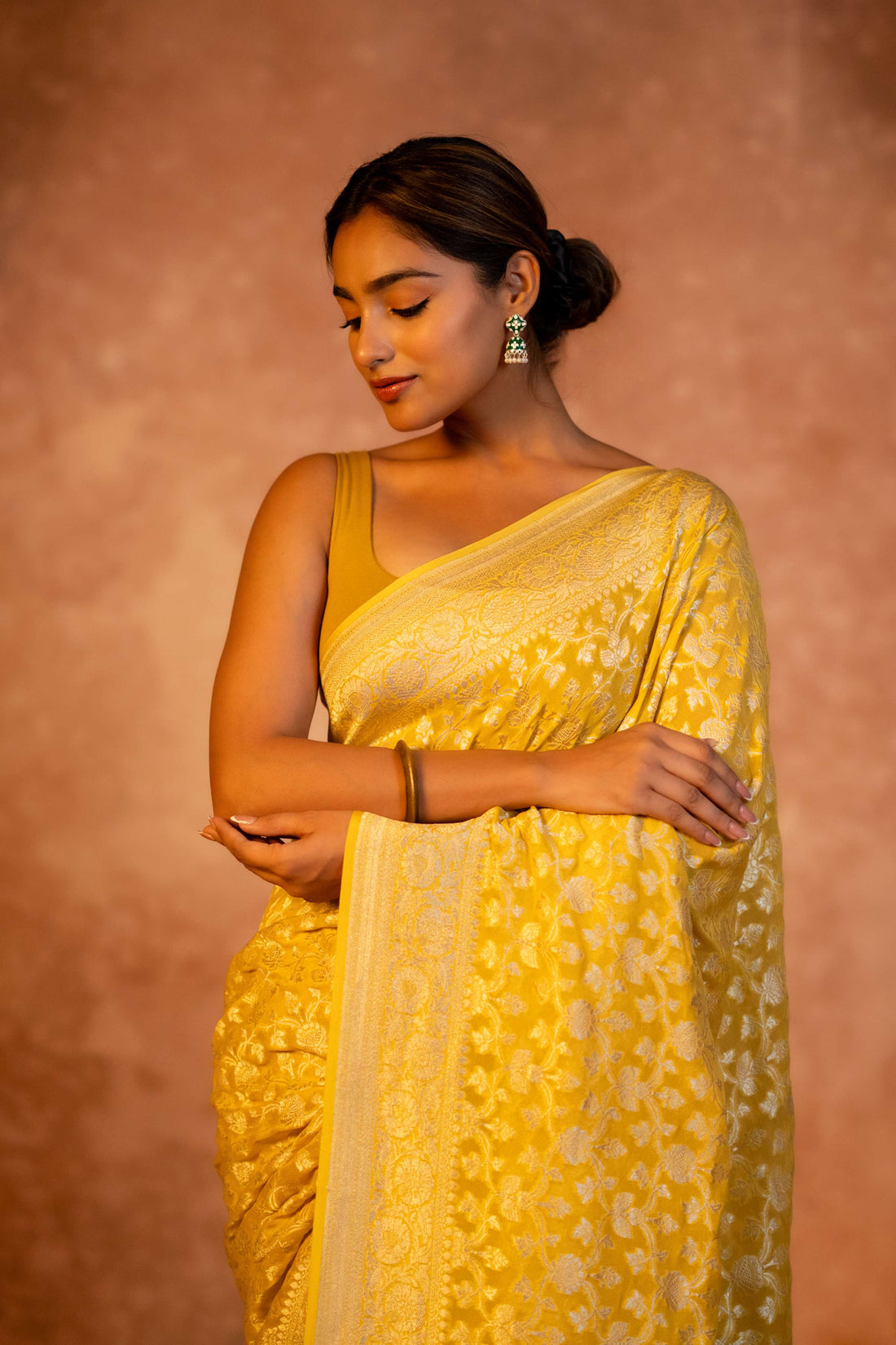 Yellow Neemzari Maheen Jaal Pure Georgette Banarasi Saree