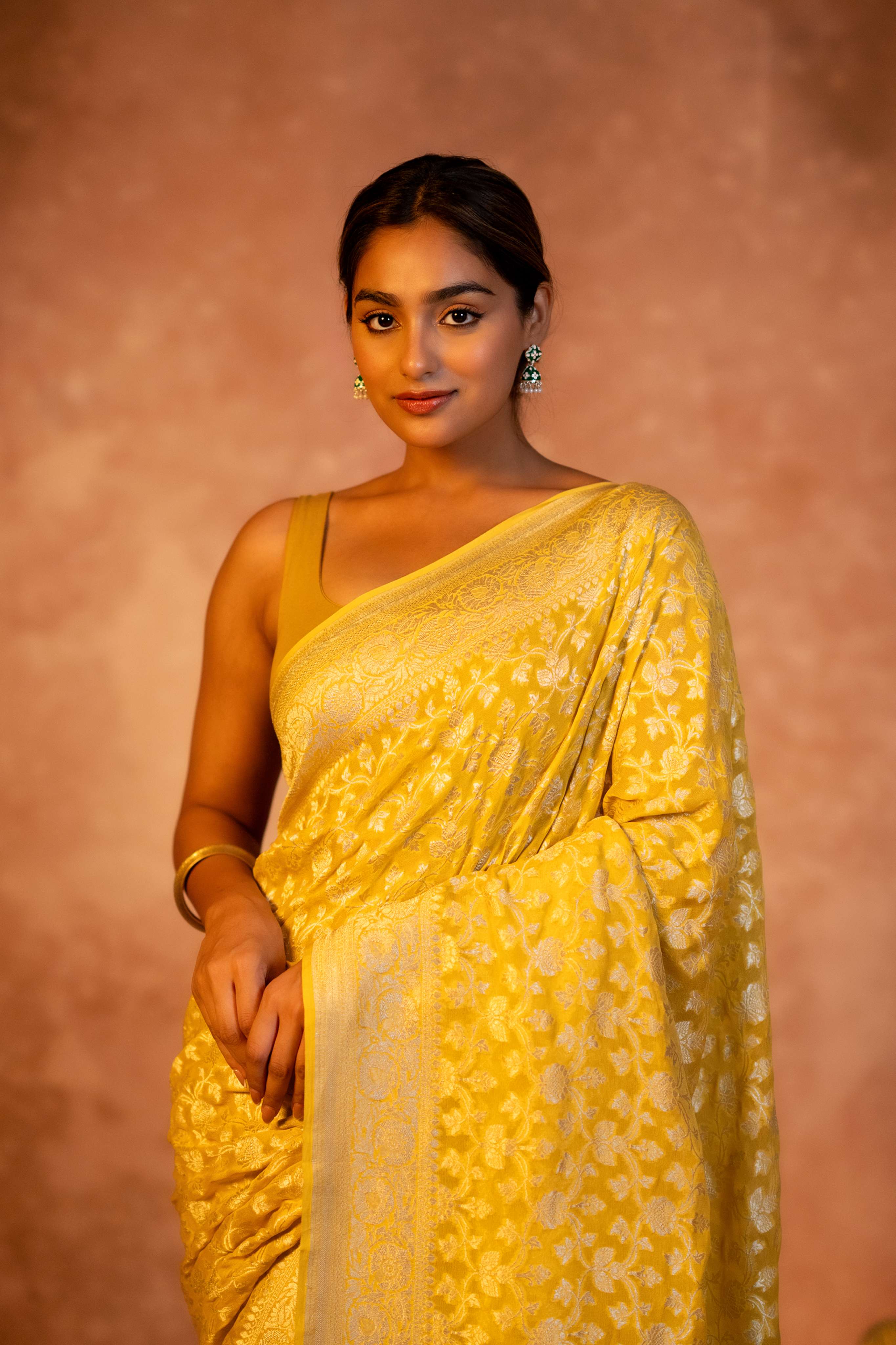 Yellow Neemzari Maheen Jaal Pure Georgette Banarasi Saree