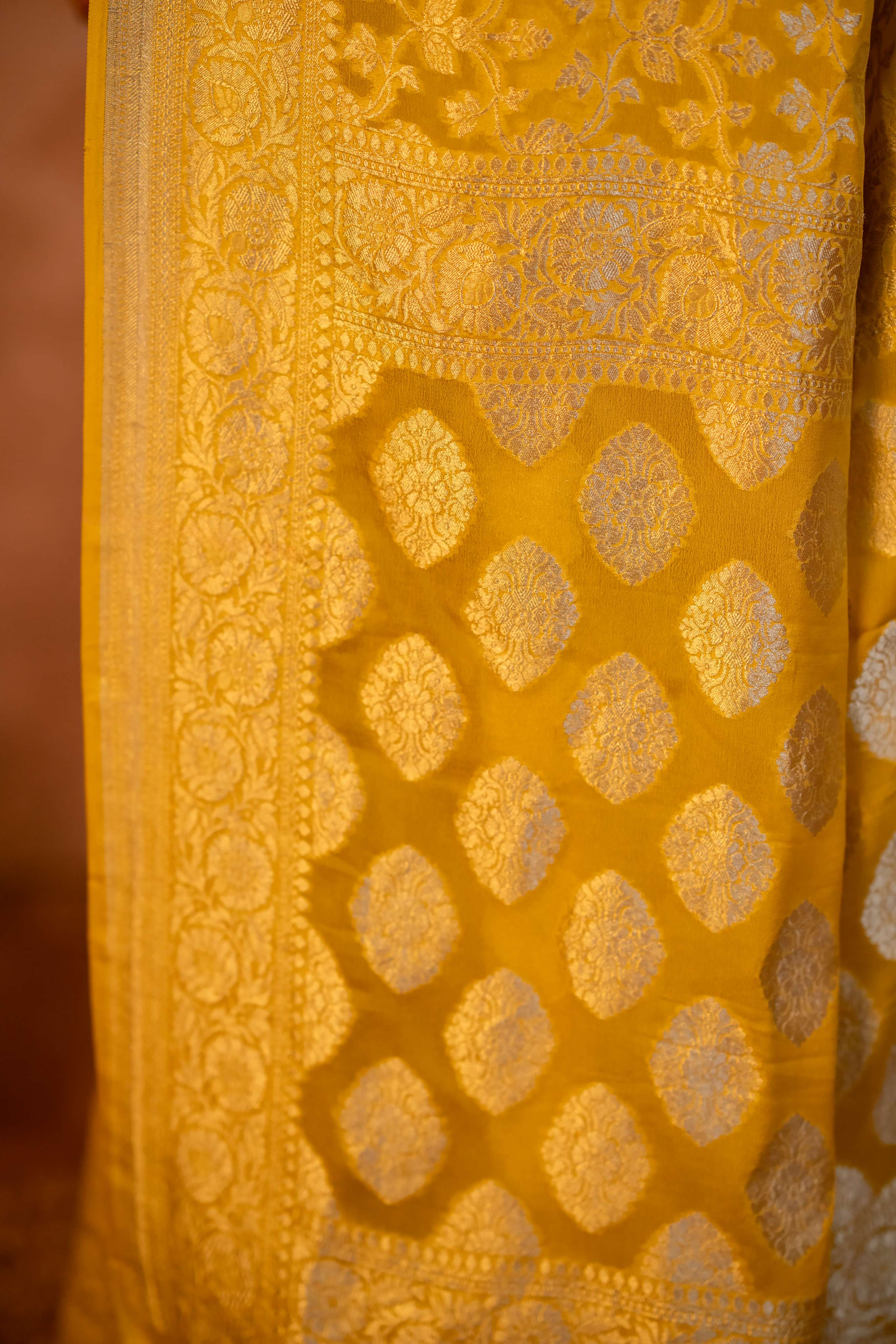 Yellow Neemzari Maheen Jaal Pure Georgette Banarasi Saree