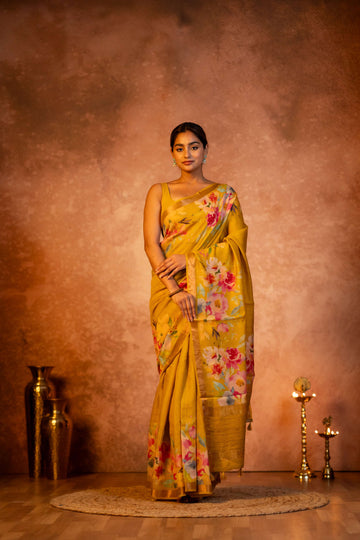 Golden Yellow Digital  Floral Print with Tussar Pallu Pure Moonga Silk Saree