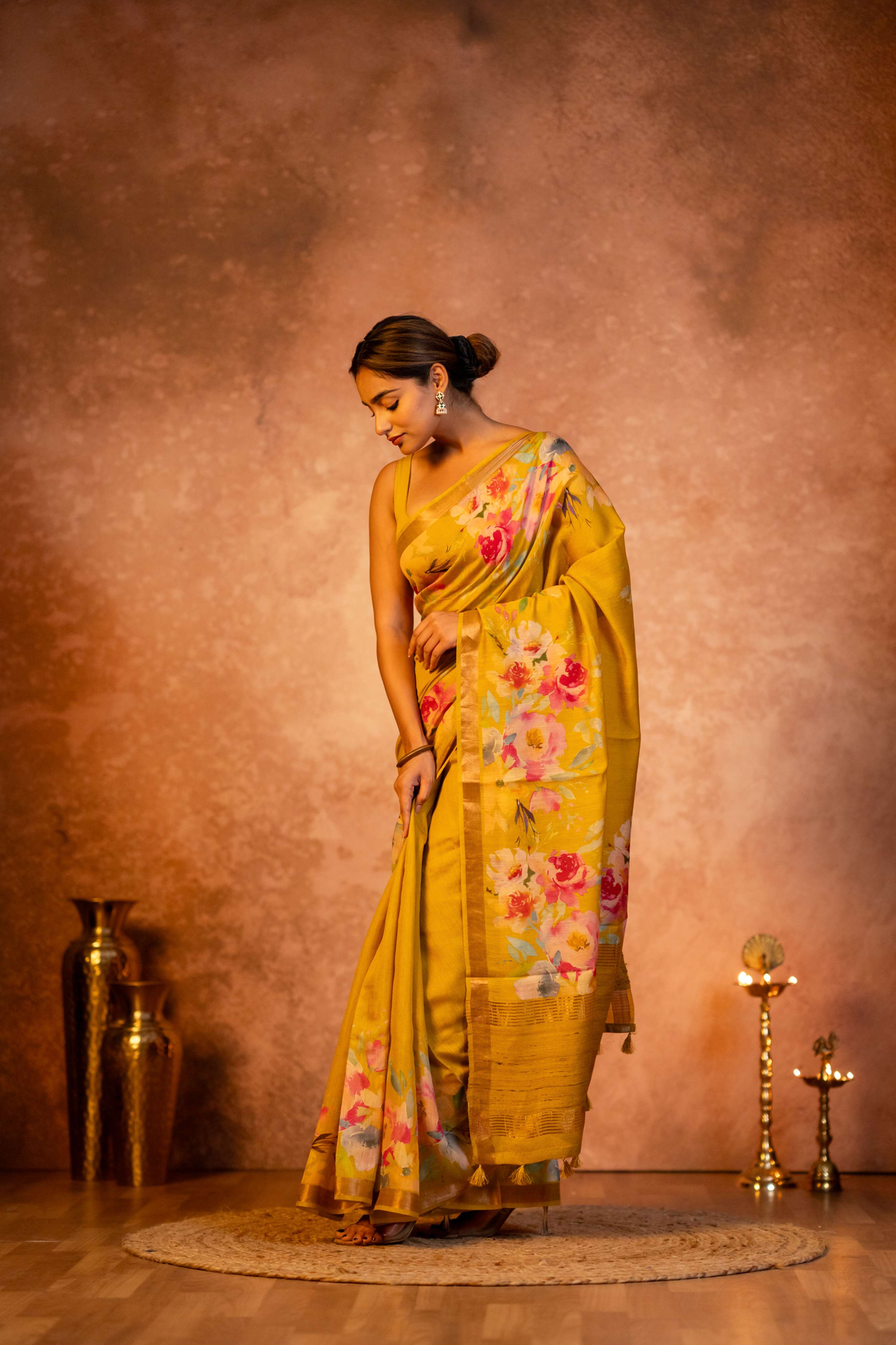 Golden Yellow Digital  Floral Print with Tussar Pallu Pure Moonga Silk Saree