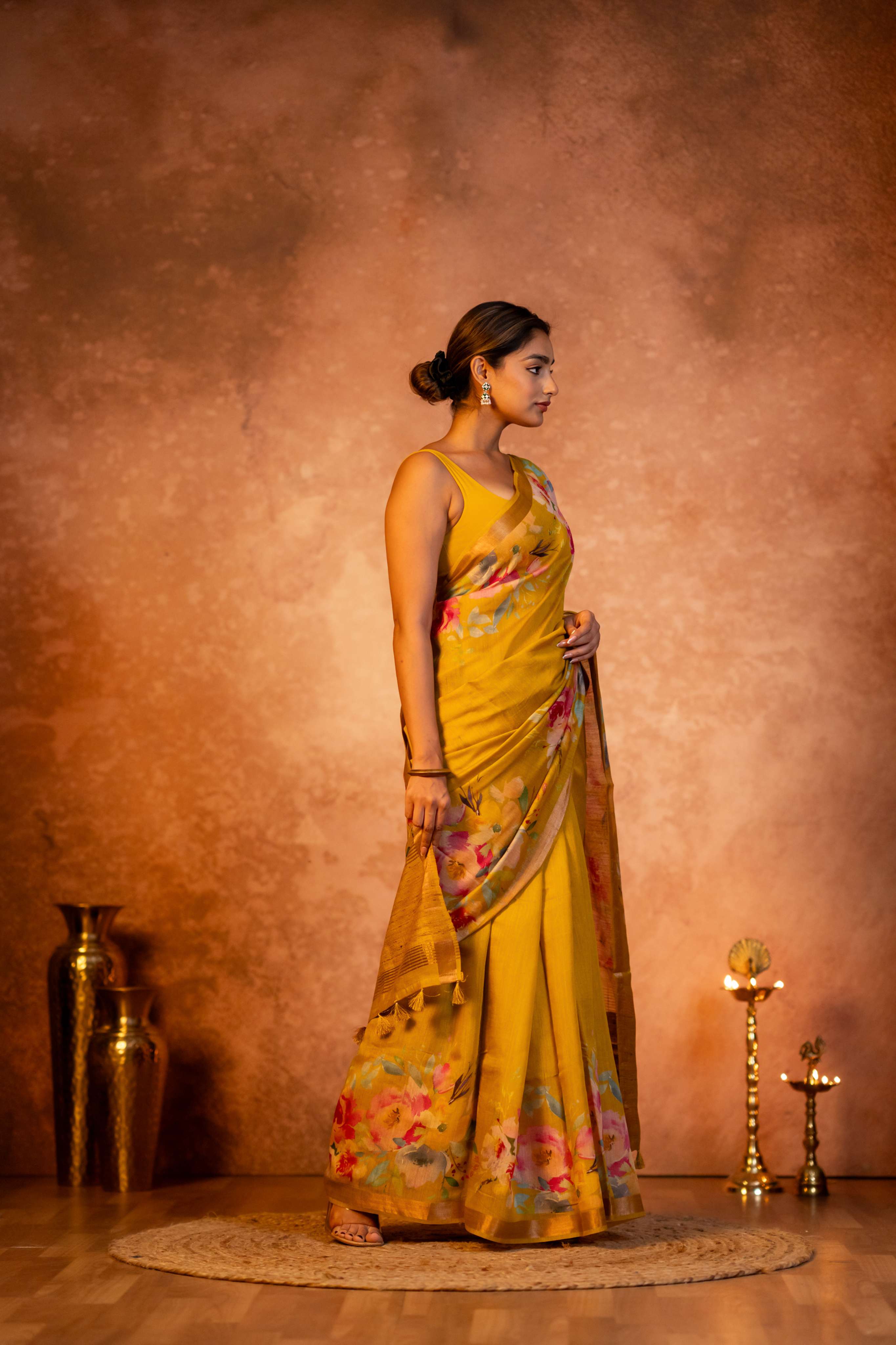 Golden Yellow Digital  Floral Print with Tussar Pallu Pure Moonga Silk Saree