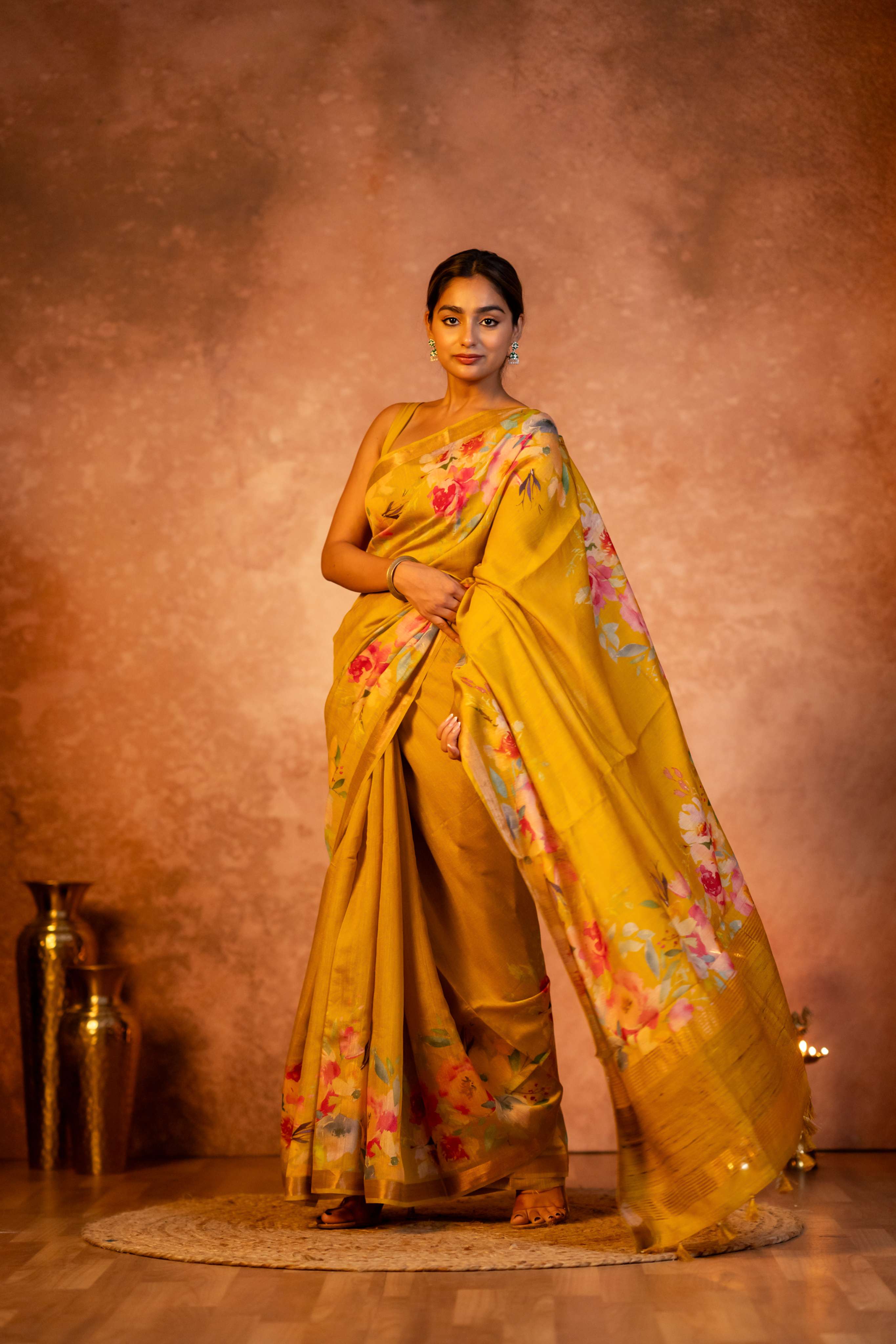 Golden Yellow Digital  Floral Print with Tussar Pallu Pure Moonga Silk Saree