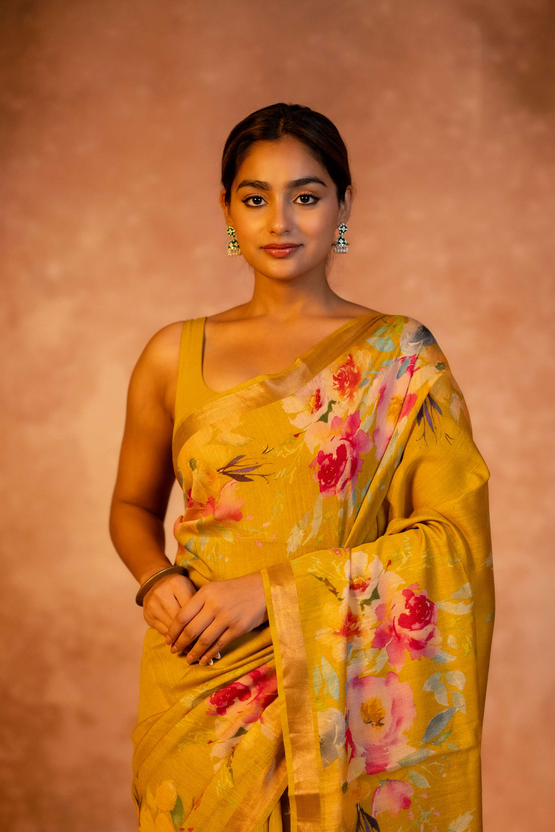 Golden Yellow Digital  Floral Print with Tussar Pallu Pure Moonga Silk Saree