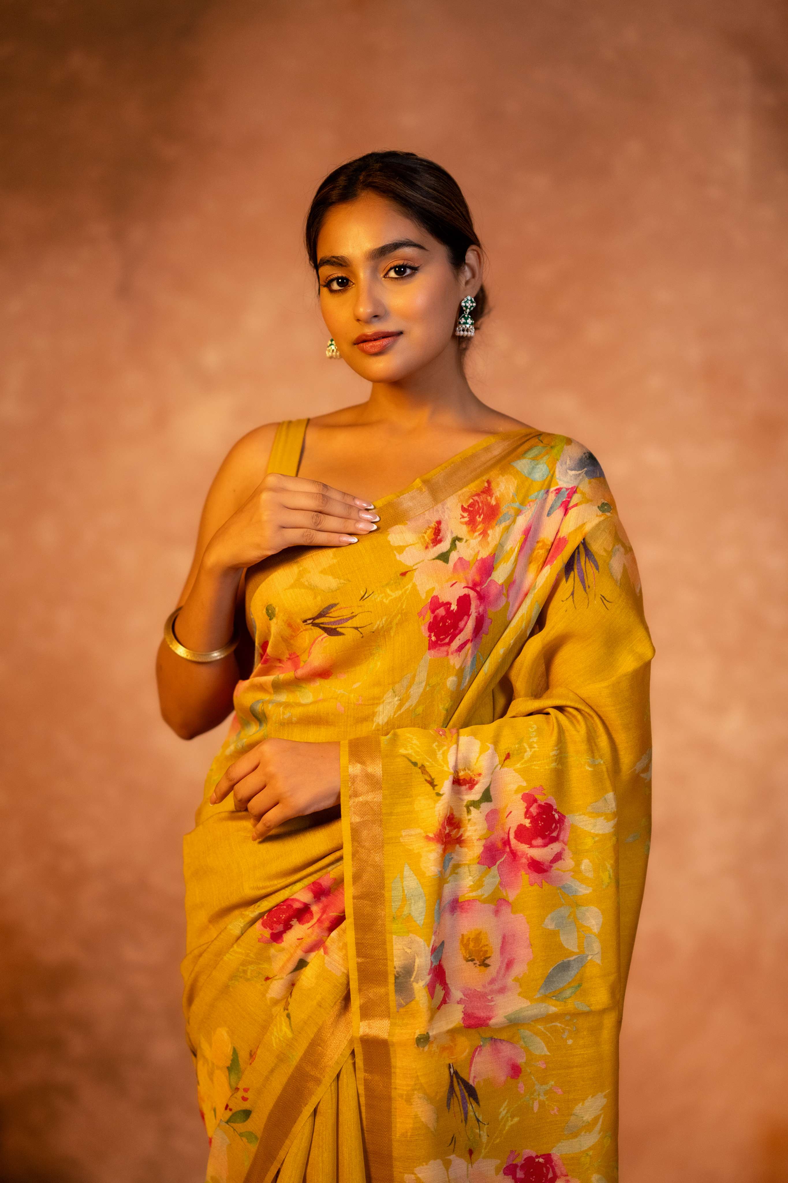 Golden Yellow Digital  Floral Print with Tussar Pallu Pure Moonga Silk Saree